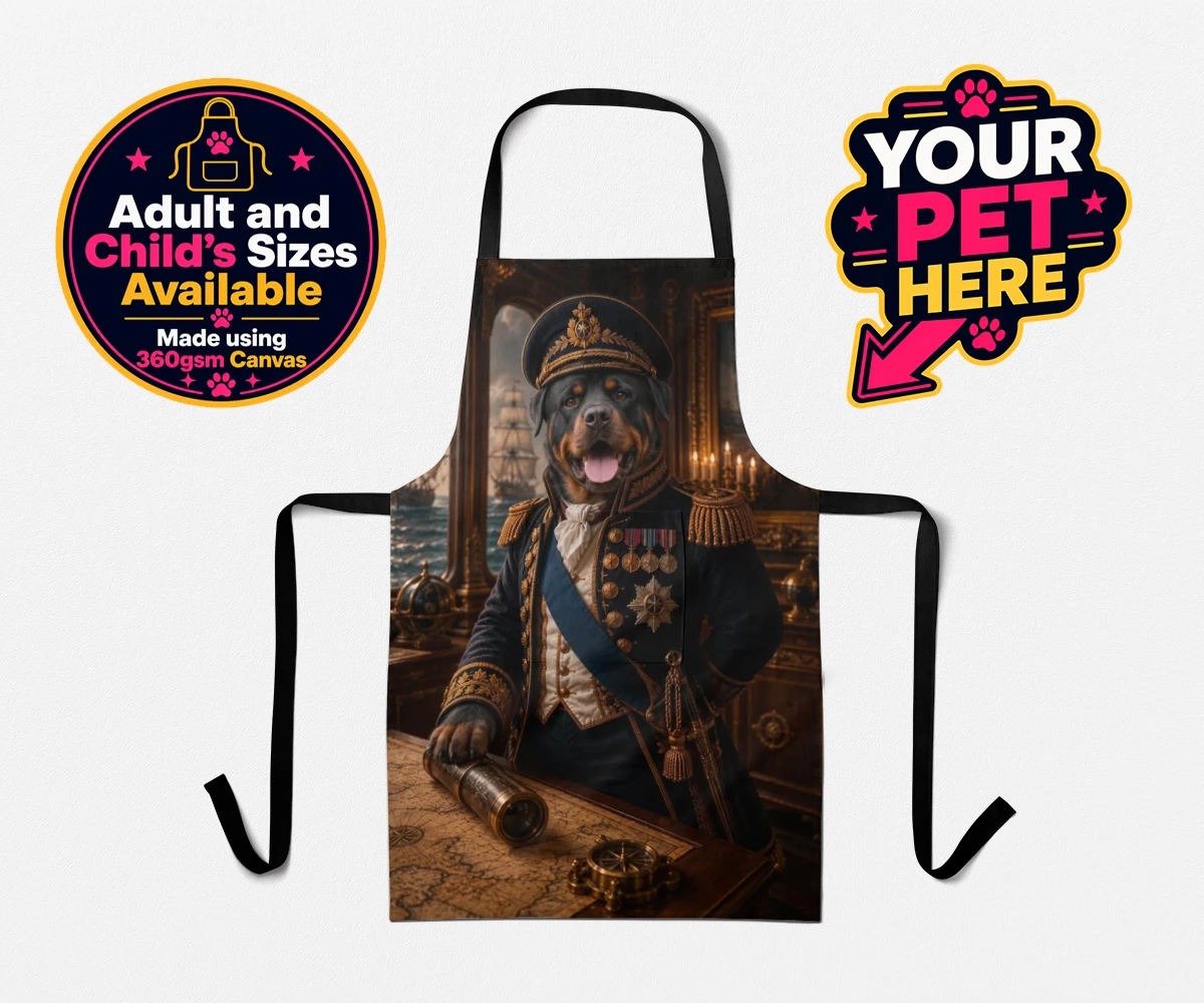 Personalised Royal Navy Admiral dog aprons featuring meet the Royal Navy Admiral, an enchanting portrait that brings a dash