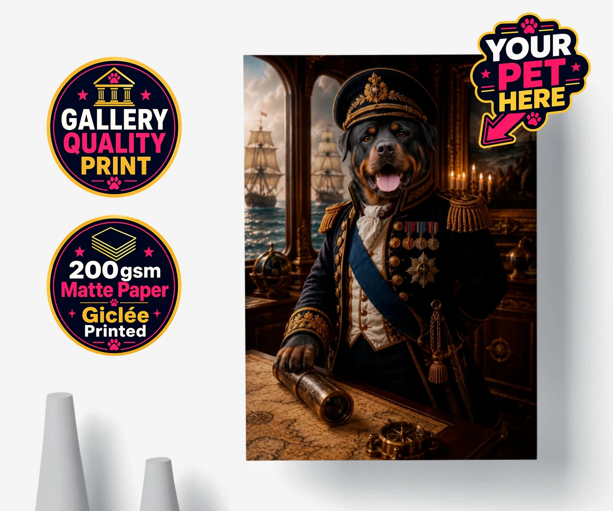 Personalised poster print of a Royal Navy Admiral dog in a navy uniform with gold details