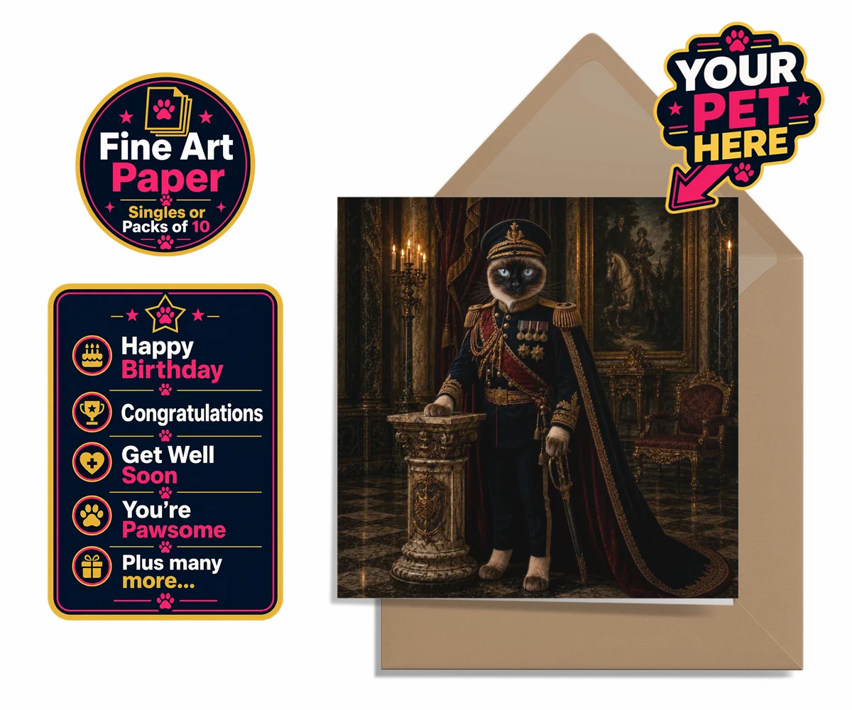 Personalised The Noble Admiral cat premium greetings cards featuring meet The Noble Admiral, a splendid feline figure perfectly poised in a