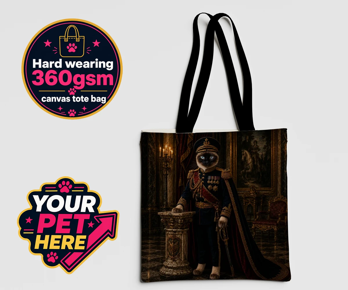 Personalised The Noble Admiral cat canvas tote bags featuring meet The Noble Admiral, a splendid feline figure perfectly poised in a