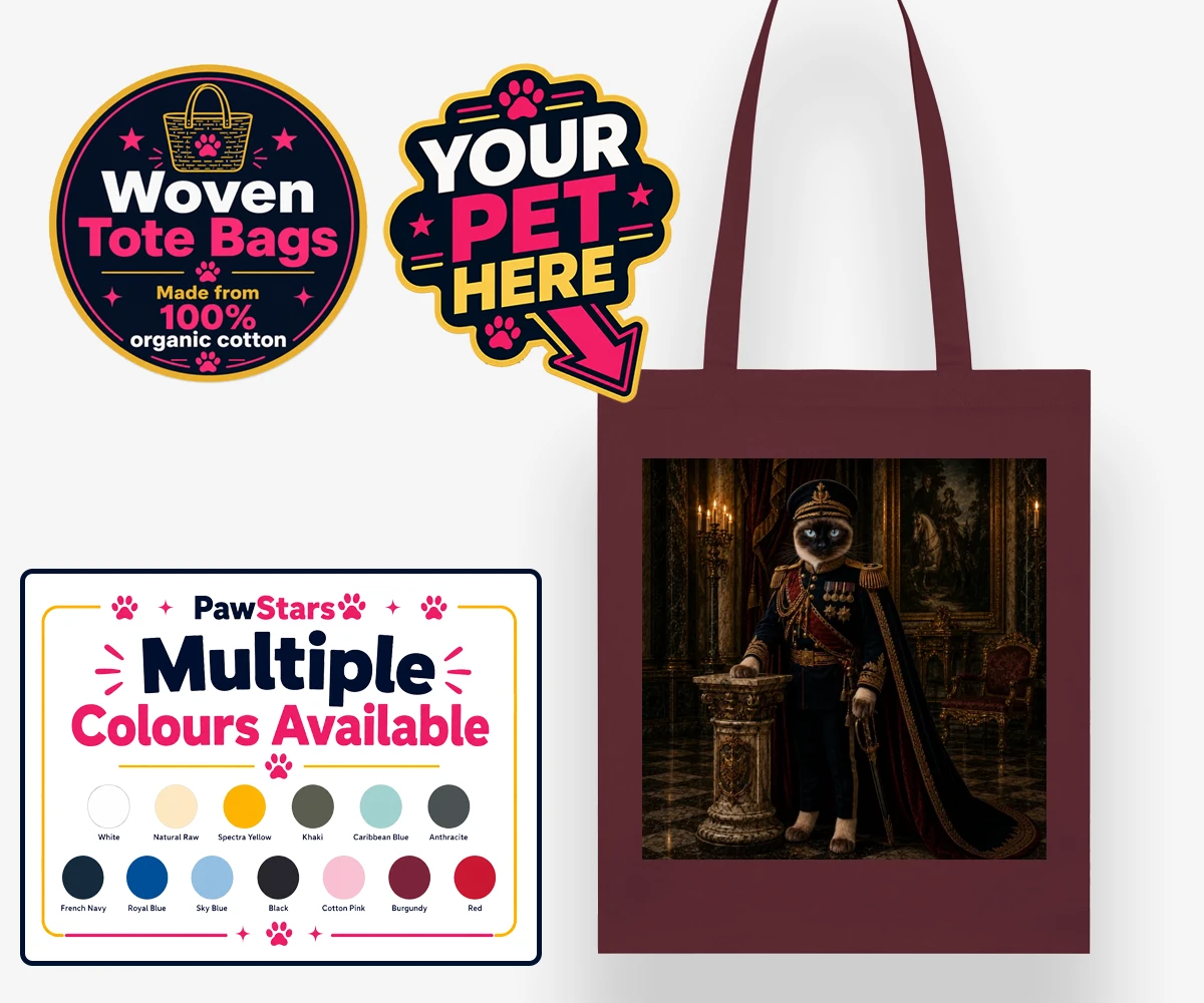 Personalised The Noble Admiral cat woven tote bags featuring meet The Noble Admiral, a splendid feline figure perfectly poised in a