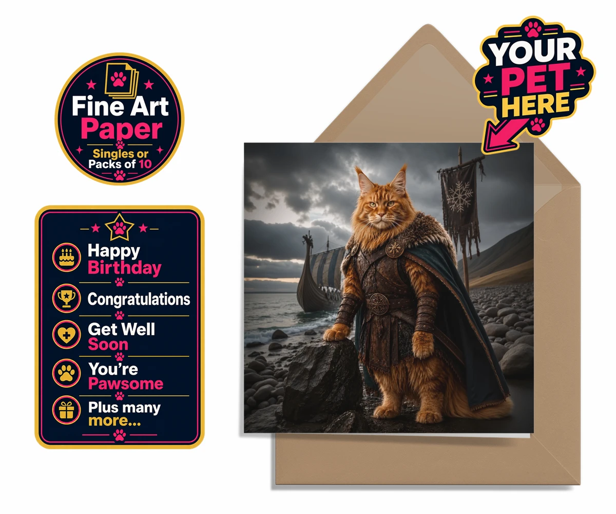 Personalised Viking Warrior cat premium greetings cards featuring transport yourself to a realm of legends with our Viking Warrior cat p