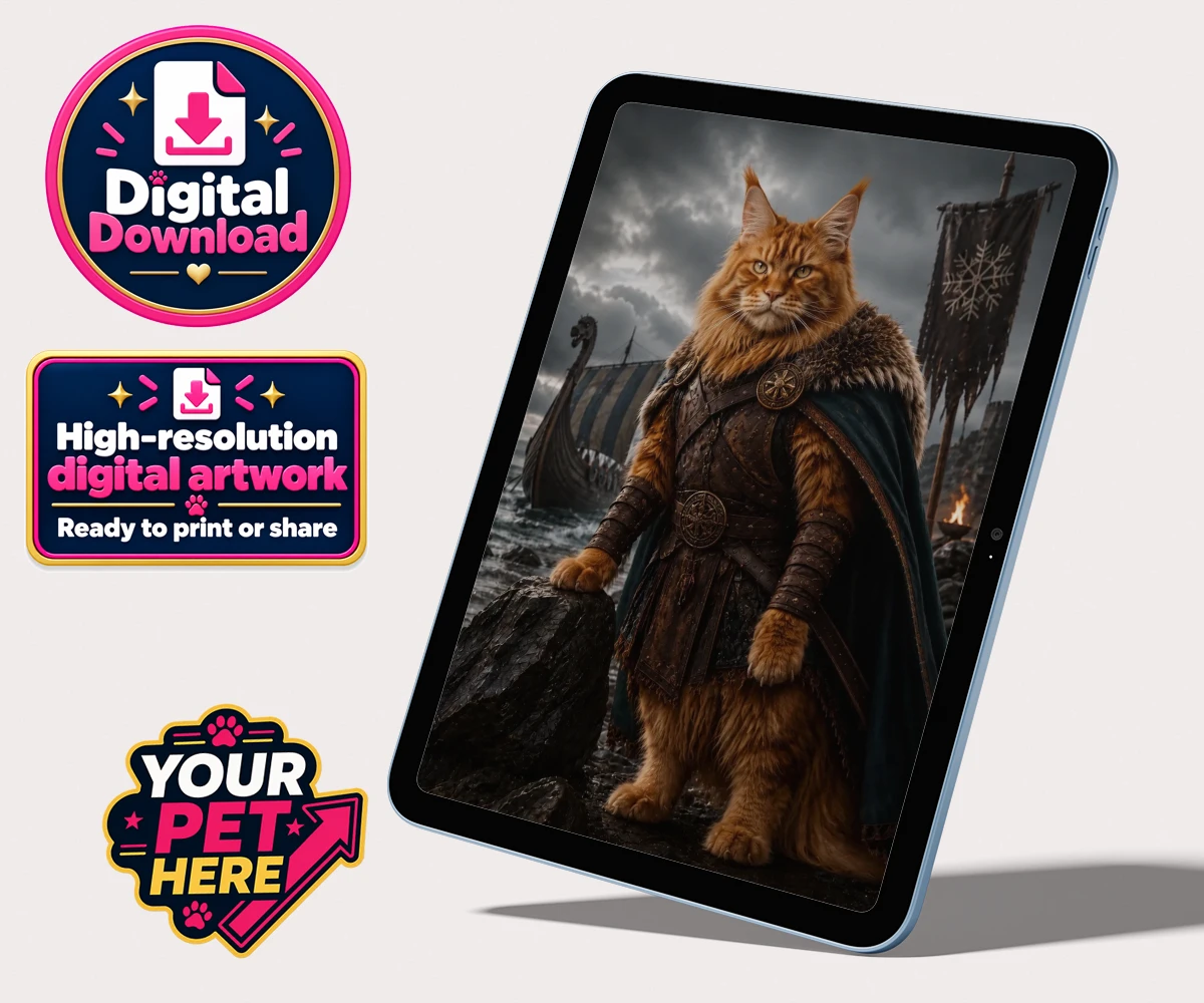Personalised Viking Warrior cat personalised digital downloads featuring transport yourself to a realm of legends with our Viking Warrior cat p