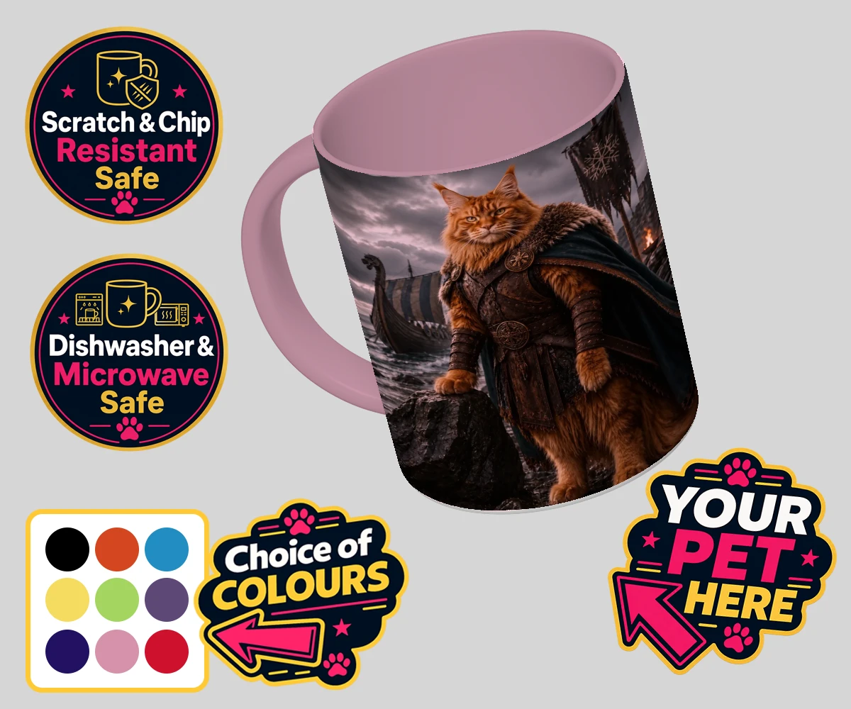 Personalised Viking Warrior cat coloured photo mugs featuring transport yourself to a realm of legends with our Viking Warrior cat p