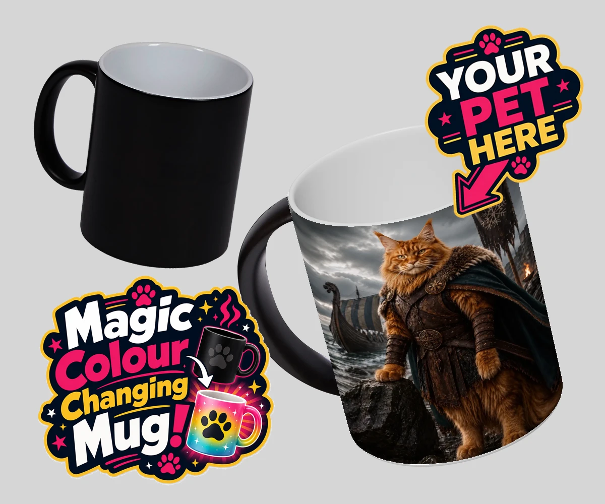 Personalised Viking Warrior cat magic photo mugs featuring transport yourself to a realm of legends with our Viking Warrior cat p