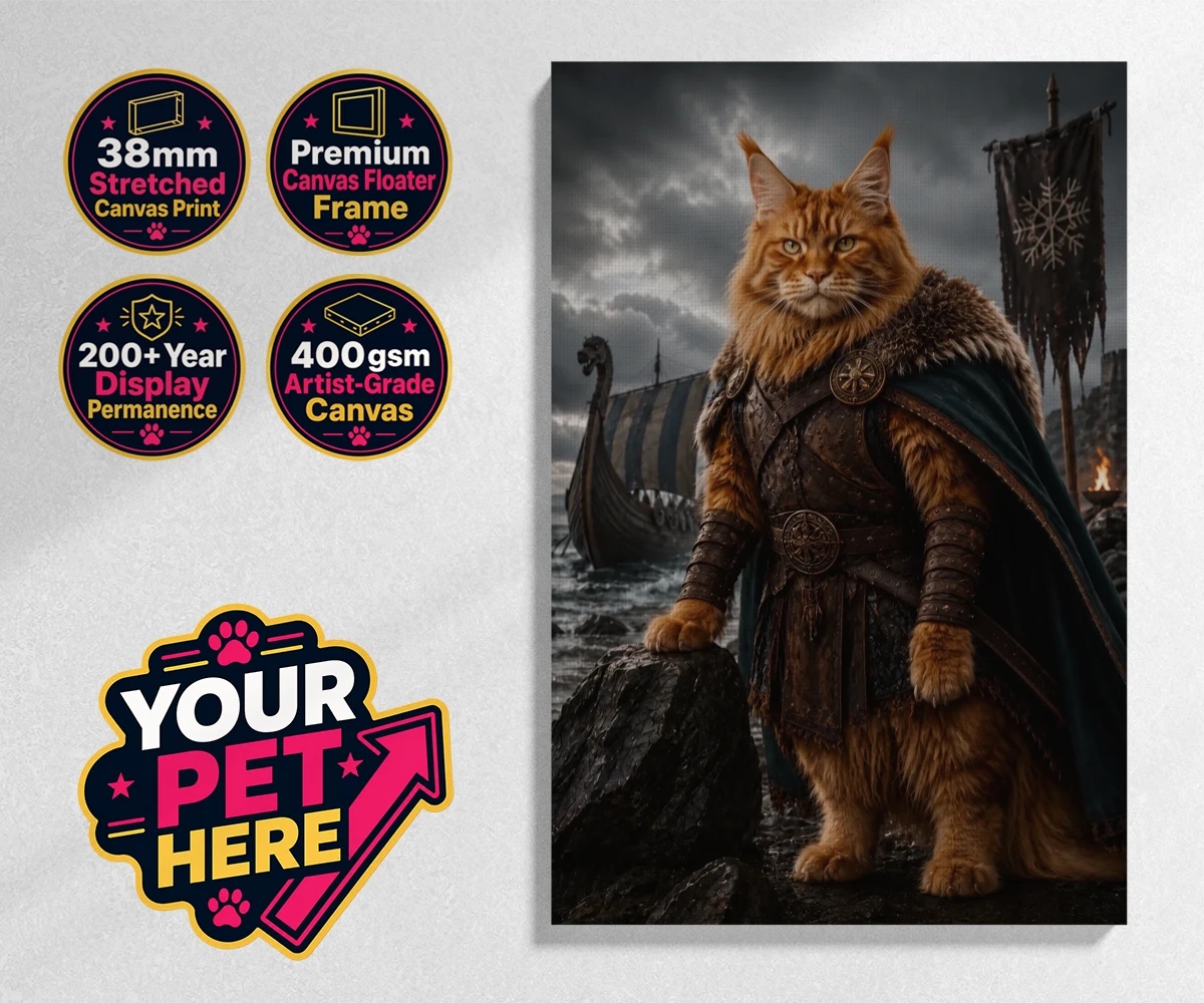 Personalised Viking Warrior cat stretched canvas print featuring transport yourself to a realm of legends with our Viking Warrior cat p