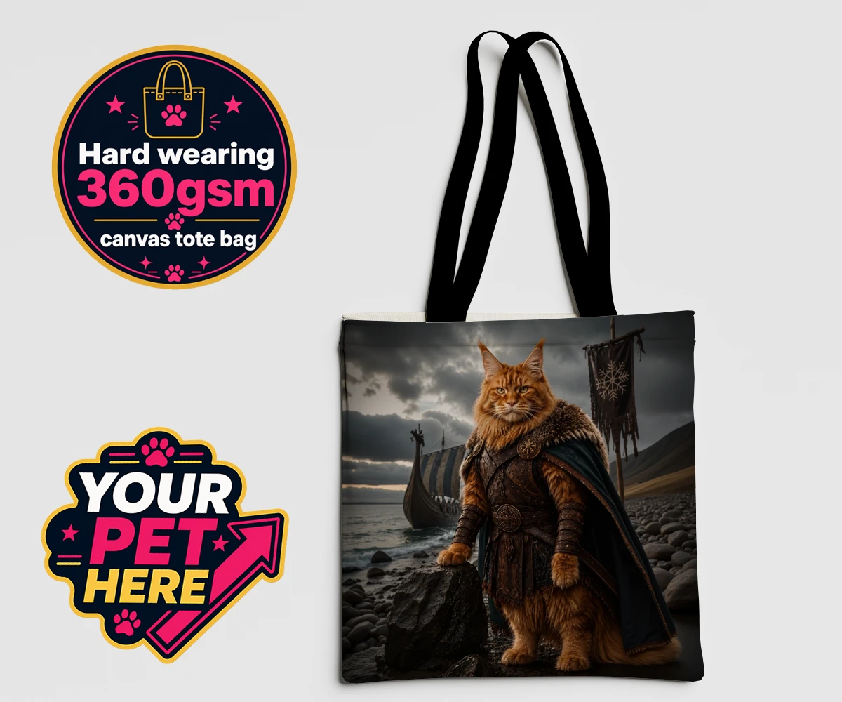 Personalised Viking Warrior cat canvas tote bags featuring transport yourself to a realm of legends with our Viking Warrior cat p