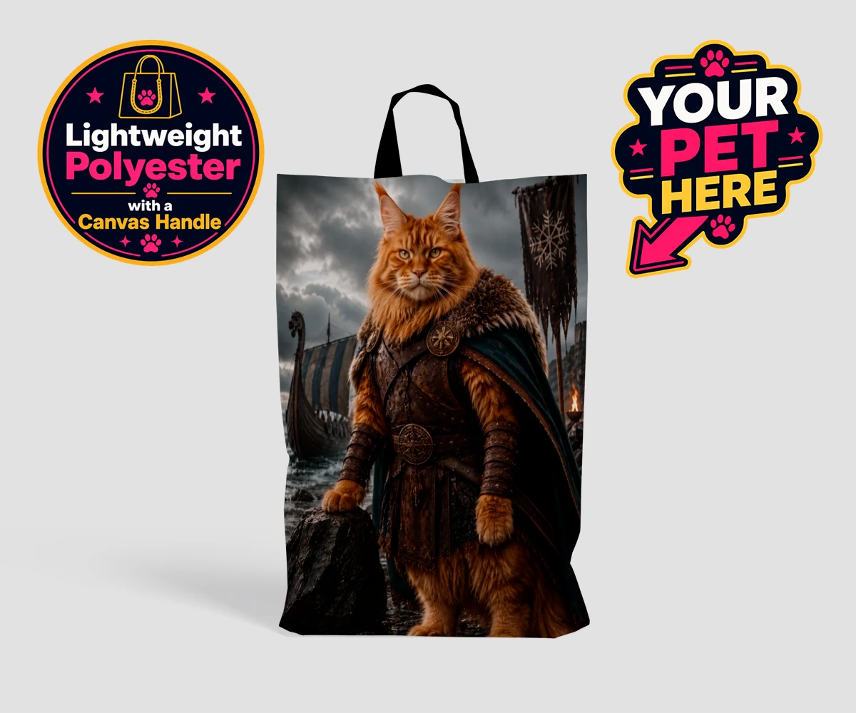 Personalised Viking Warrior cat shopping bags featuring transport yourself to a realm of legends with our Viking Warrior cat p