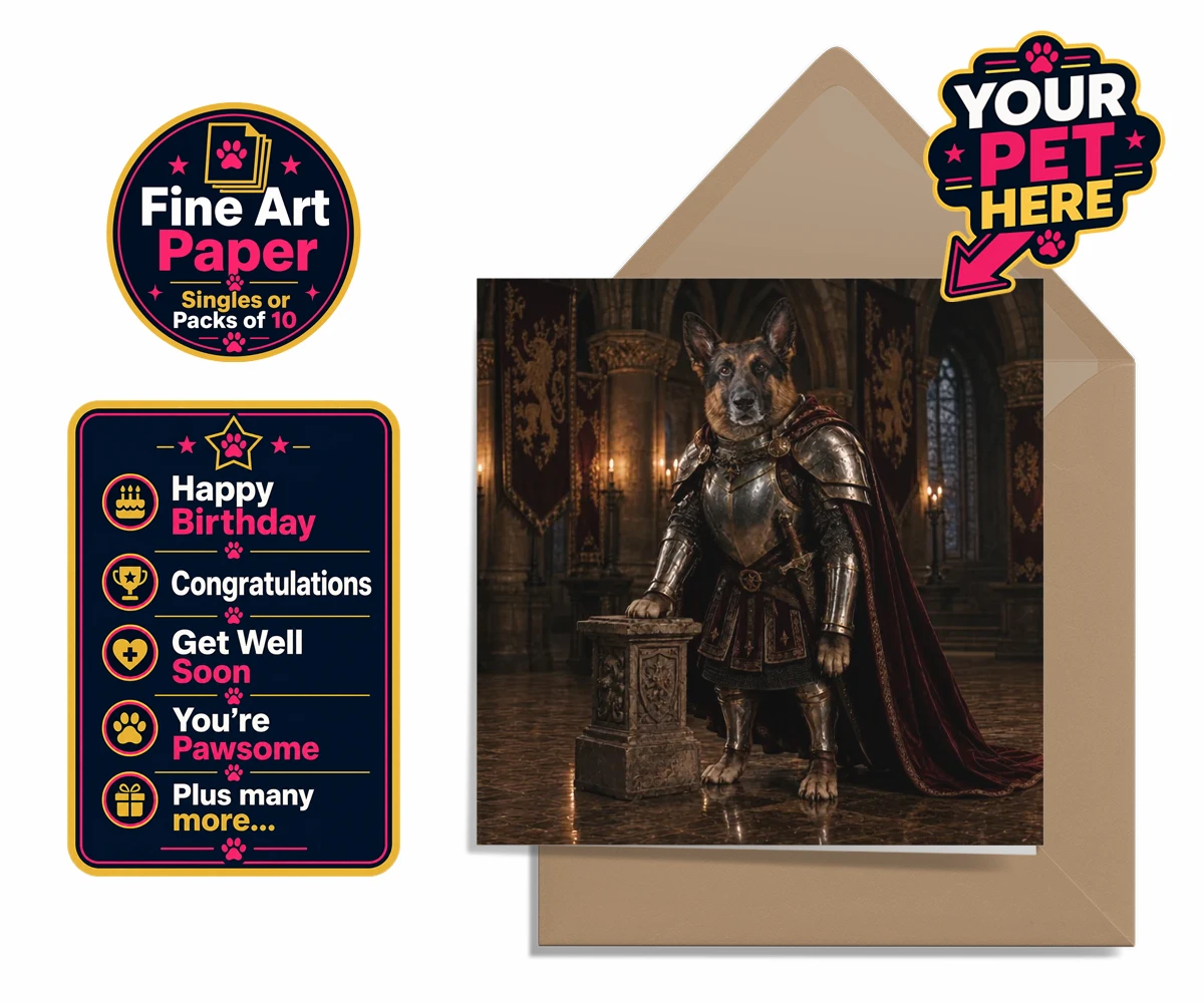 Personalised The Knight Of The Paw Kingdom dog premium greetings cards featuring embark on a regal adventure with "The Knight Of The Paw Kingdom," a sp