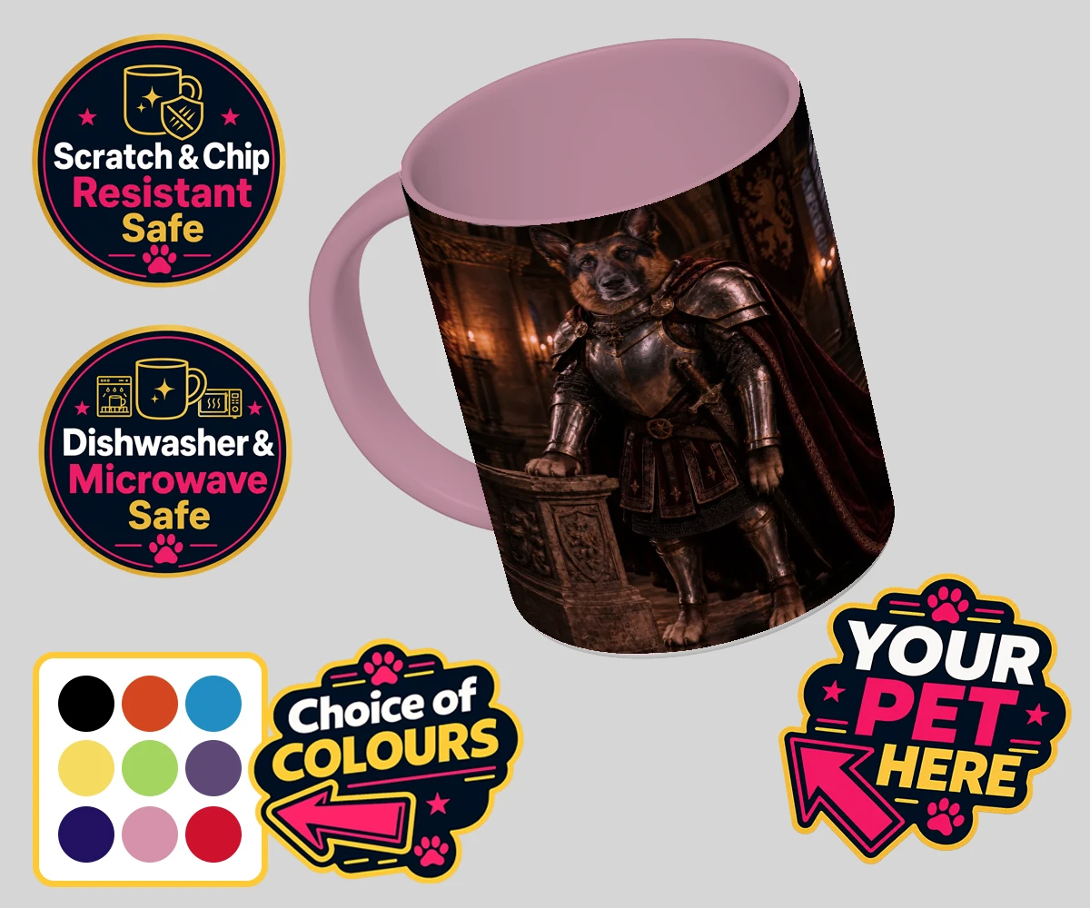 Personalised The Knight Of The Paw Kingdom dog coloured photo mugs featuring embark on a regal adventure with "The Knight Of The Paw Kingdom," a sp
