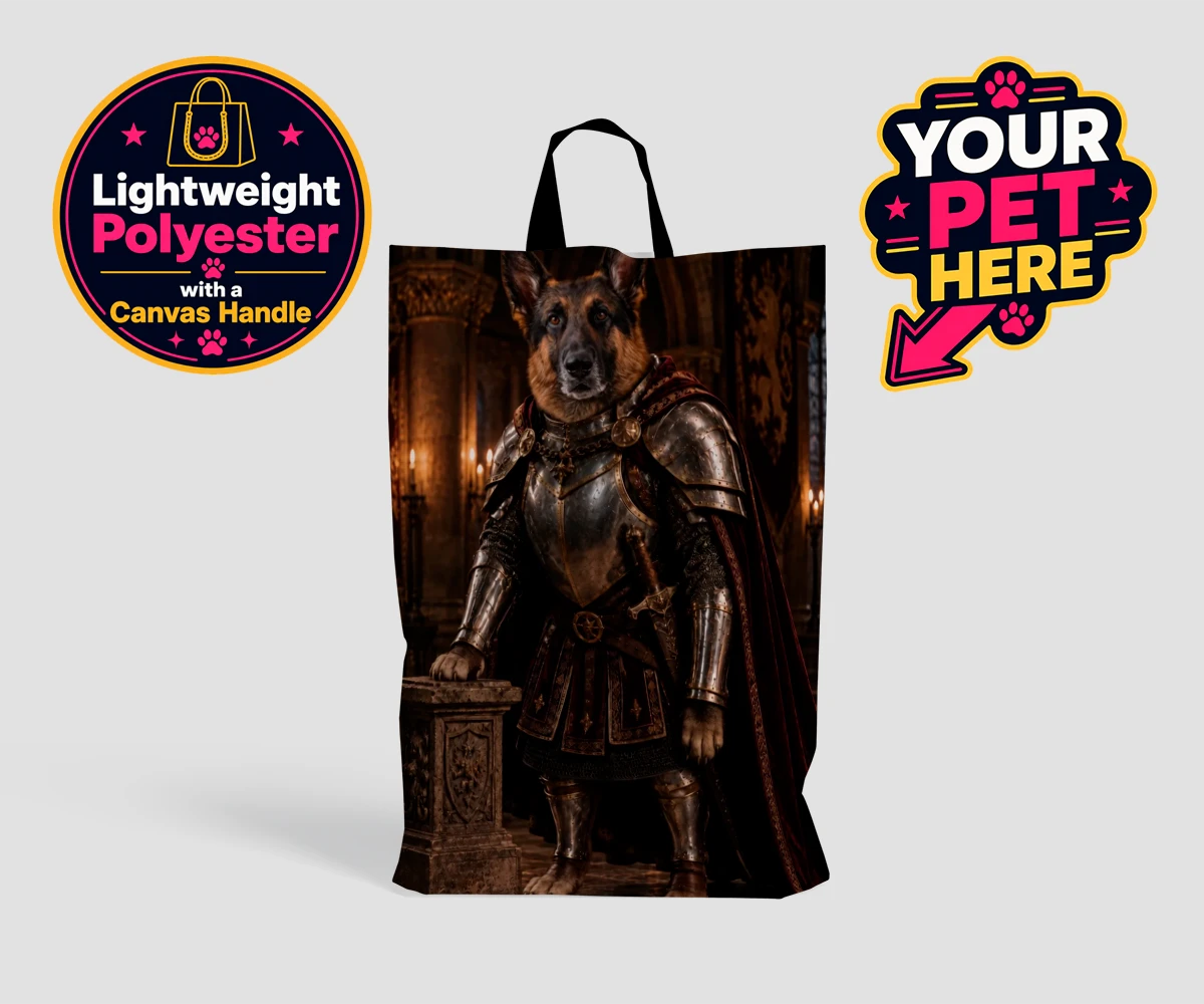 Personalised The Knight Of The Paw Kingdom dog shopping bags featuring embark on a regal adventure with "The Knight Of The Paw Kingdom," a sp