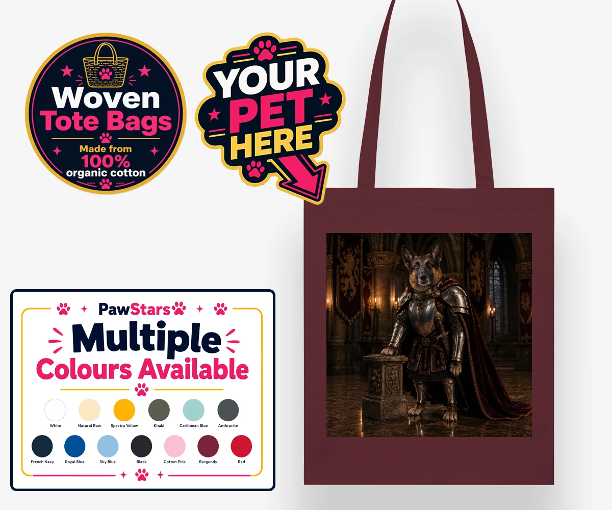 Personalised The Knight Of The Paw Kingdom dog woven tote bags featuring embark on a regal adventure with "The Knight Of The Paw Kingdom," a sp