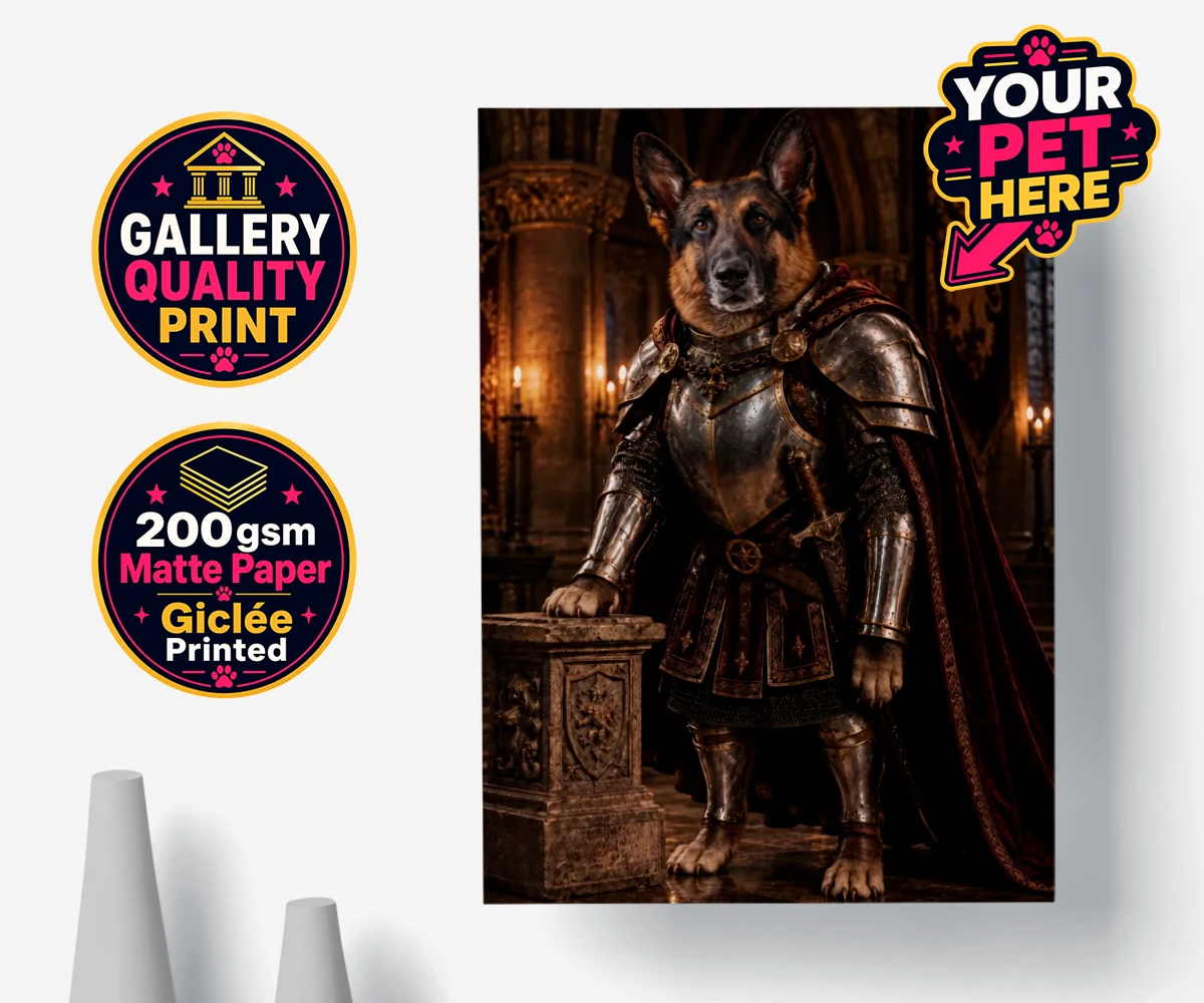 Personalised poster print of Knight Of The Paw Kingdom dog wearing vintage armour and a crimson cape