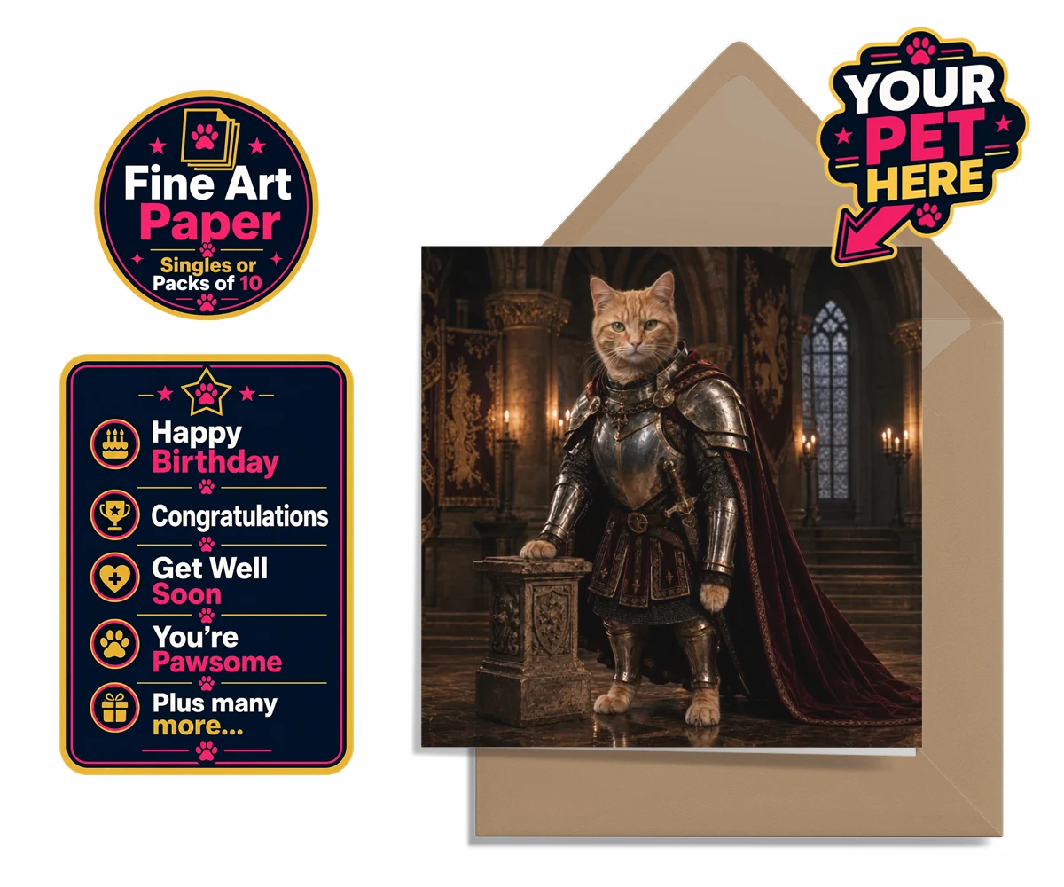 Personalised The Knight Of The Paw Kingdom cat premium greetings cards featuring step into a realm of whimsy with our enchanting portrait of The Knight