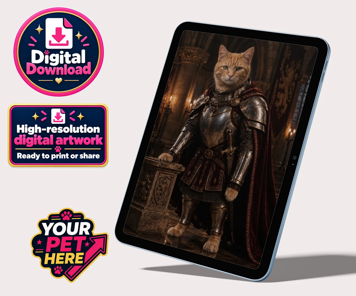 Personalised The Knight Of The Paw Kingdom cat personalised digital downloads featuring step into a realm of whimsy with our enchanting portrait of The Knight