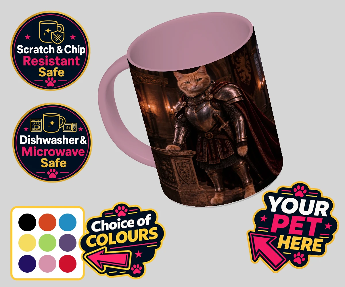 Personalised The Knight Of The Paw Kingdom cat coloured photo mugs featuring step into a realm of whimsy with our enchanting portrait of The Knight
