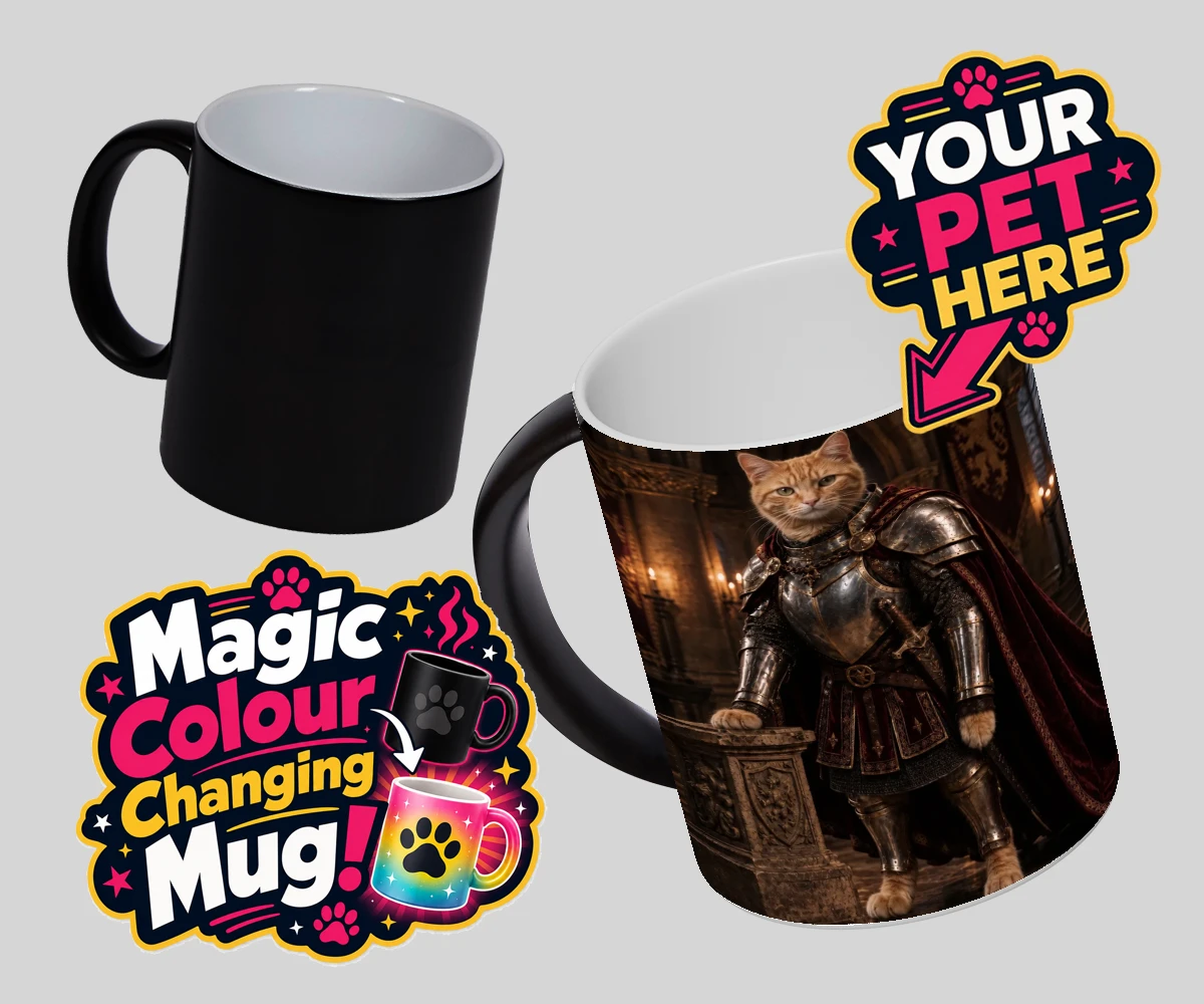 Personalised The Knight Of The Paw Kingdom cat magic photo mugs featuring step into a realm of whimsy with our enchanting portrait of The Knight