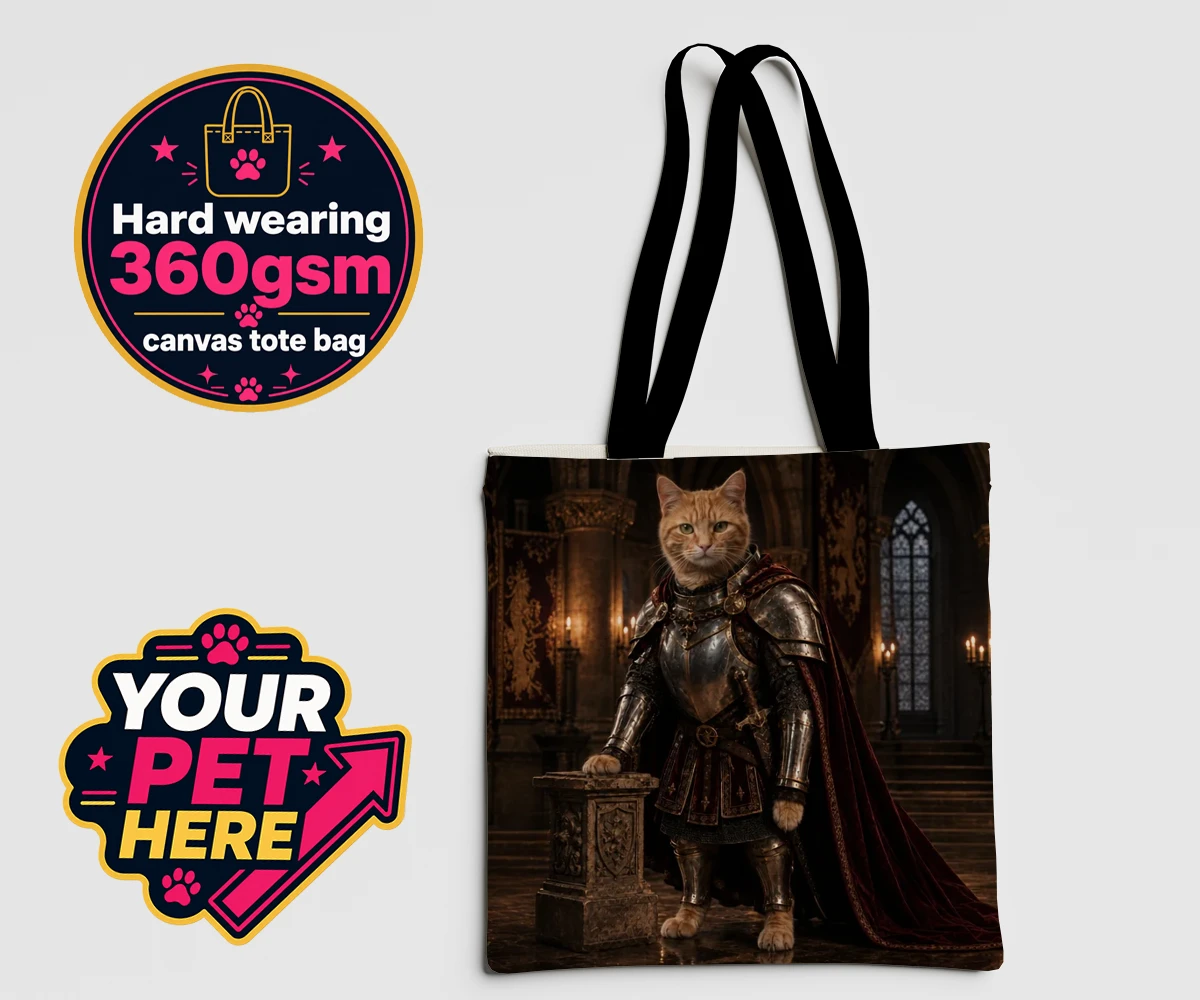 Personalised The Knight Of The Paw Kingdom cat canvas tote bags featuring step into a realm of whimsy with our enchanting portrait of The Knight