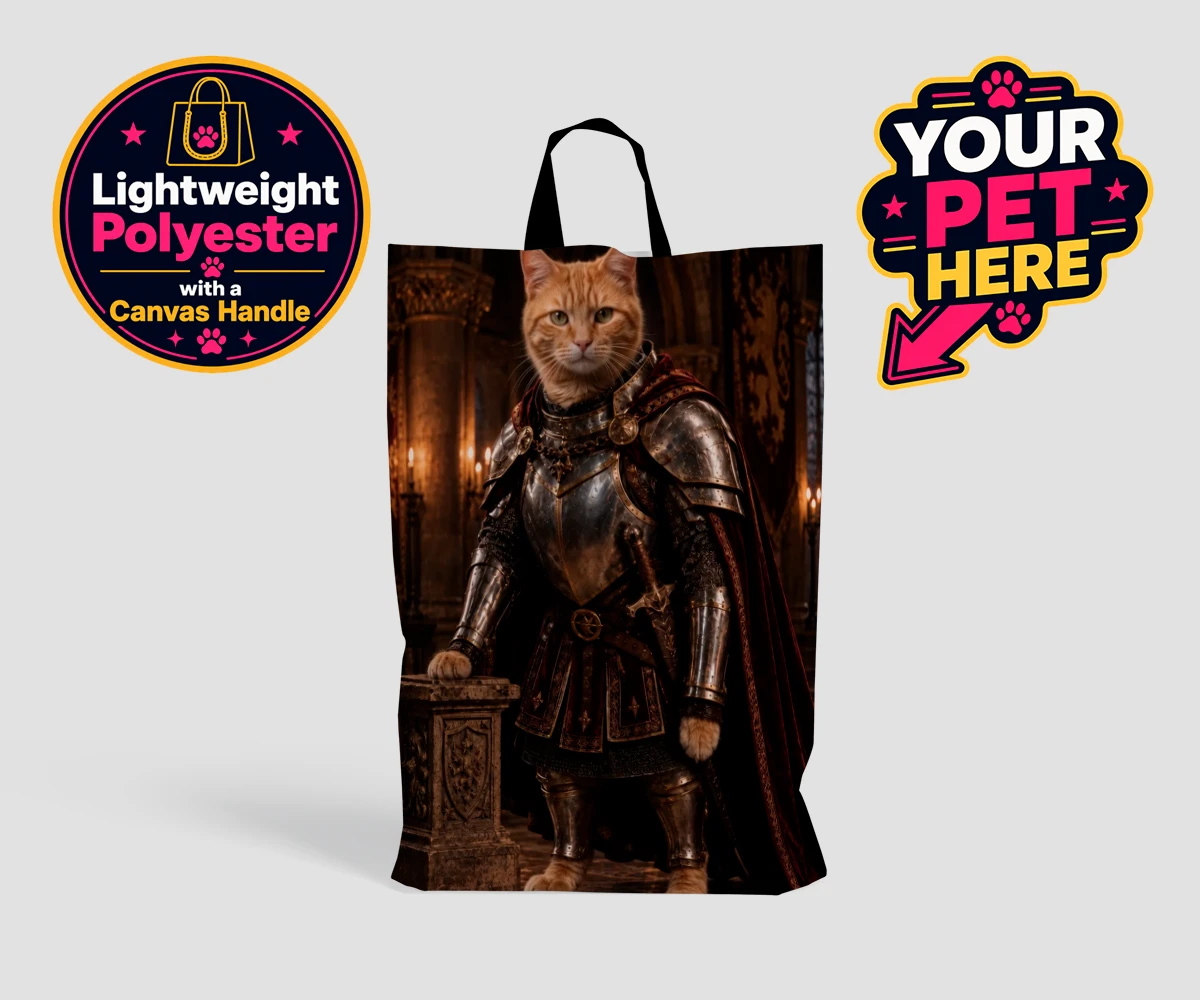 Personalised The Knight Of The Paw Kingdom cat shopping bags featuring step into a realm of whimsy with our enchanting portrait of The Knight