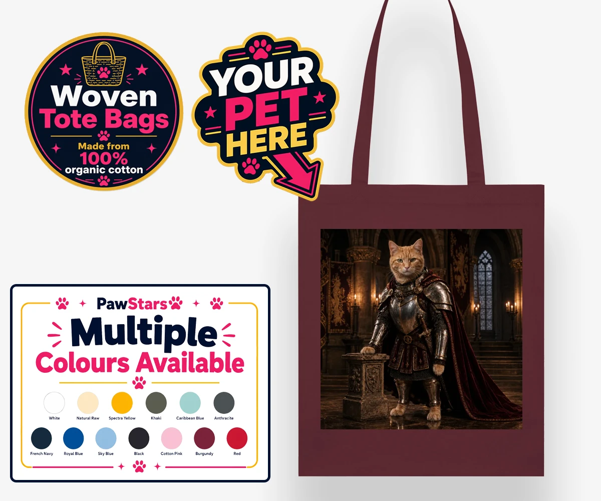 Personalised The Knight Of The Paw Kingdom cat woven tote bags featuring step into a realm of whimsy with our enchanting portrait of The Knight