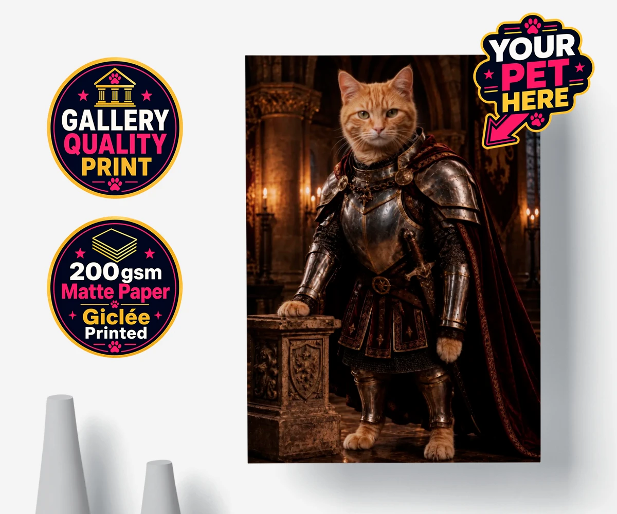 Personalised poster print of The Knight Of The Paw Kingdom cat in vintage armour and crimson cape