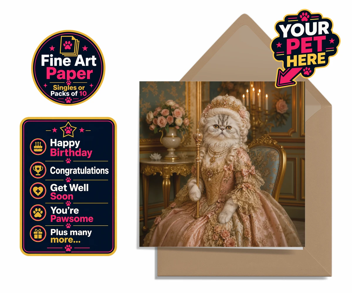 Personalised The Rococo Paw Queen cat premium greetings cards featuring step into a world of opulence with The Rococo Paw Queen, a charming po