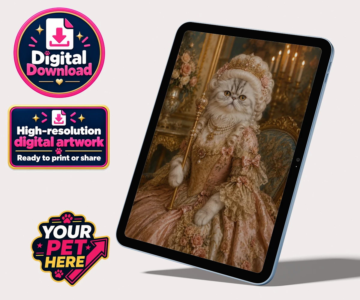 Personalised The Rococo Paw Queen cat personalised digital downloads featuring step into a world of opulence with The Rococo Paw Queen, a charming po