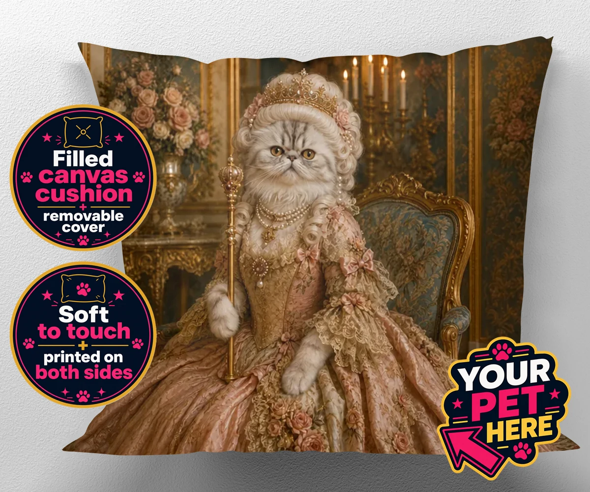 Personalised The Rococo Paw Queen cat canvas cushions featuring step into a world of opulence with The Rococo Paw Queen, a charming po