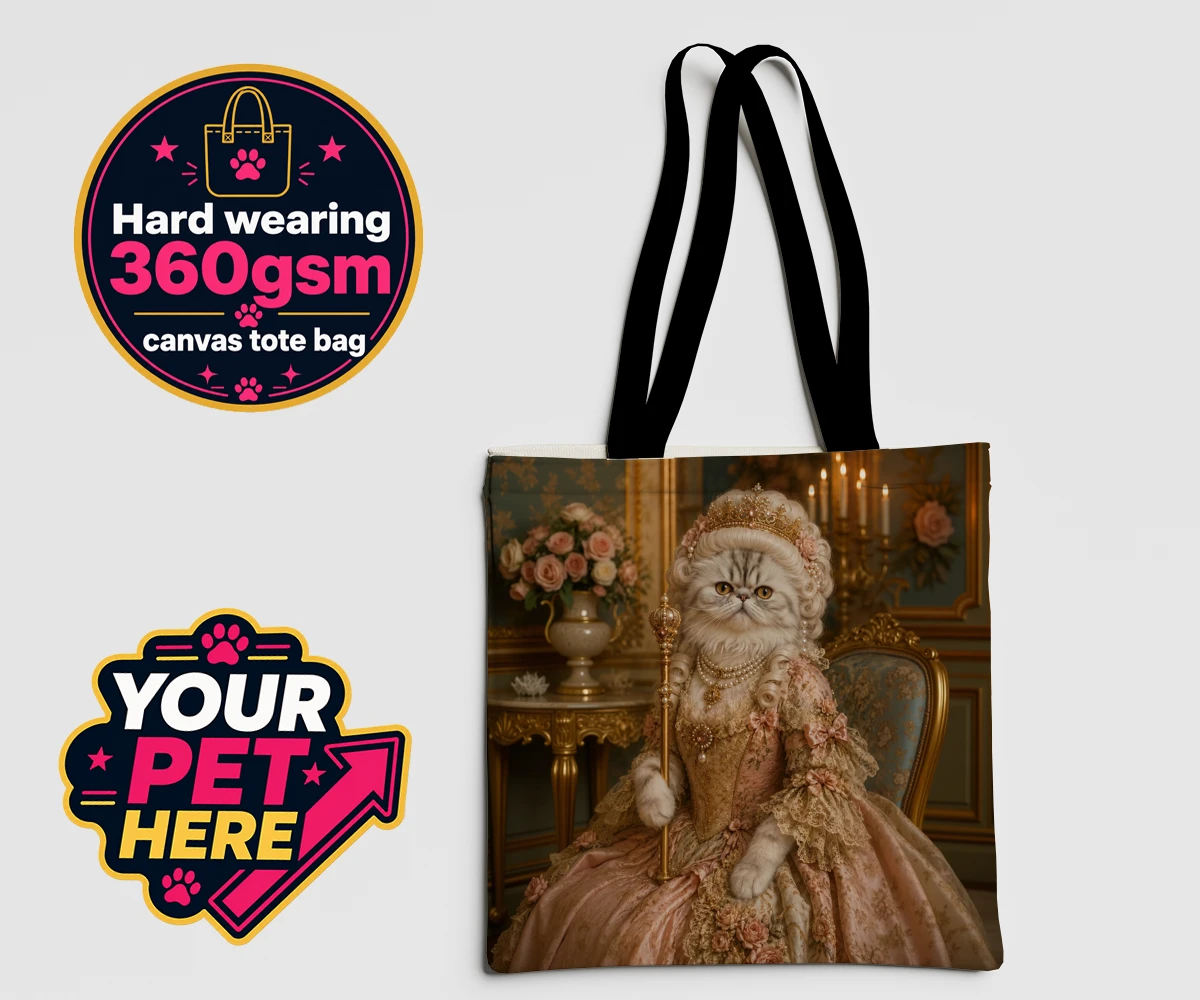Personalised The Rococo Paw Queen cat canvas tote bags featuring step into a world of opulence with The Rococo Paw Queen, a charming po