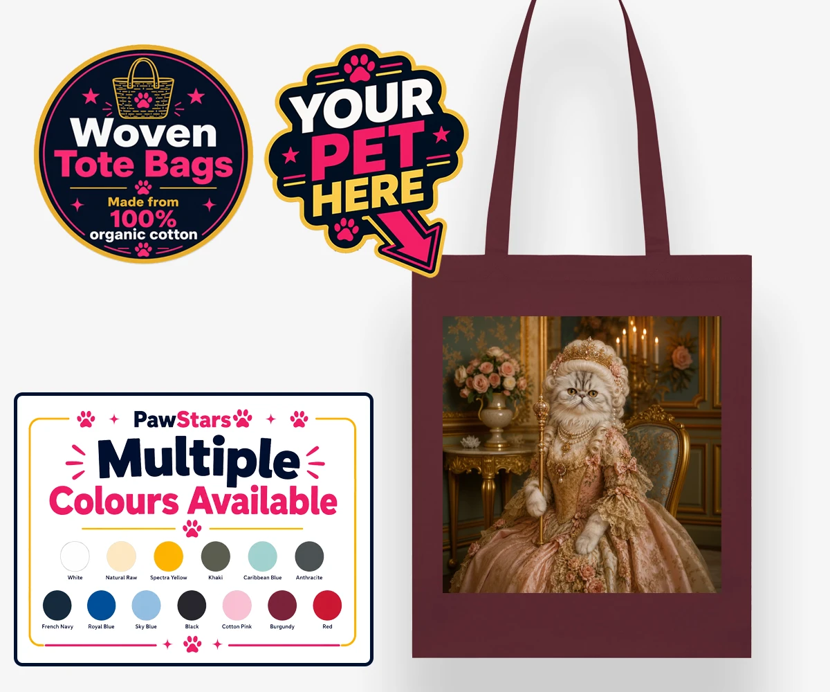Personalised The Rococo Paw Queen cat woven tote bags featuring step into a world of opulence with The Rococo Paw Queen, a charming po
