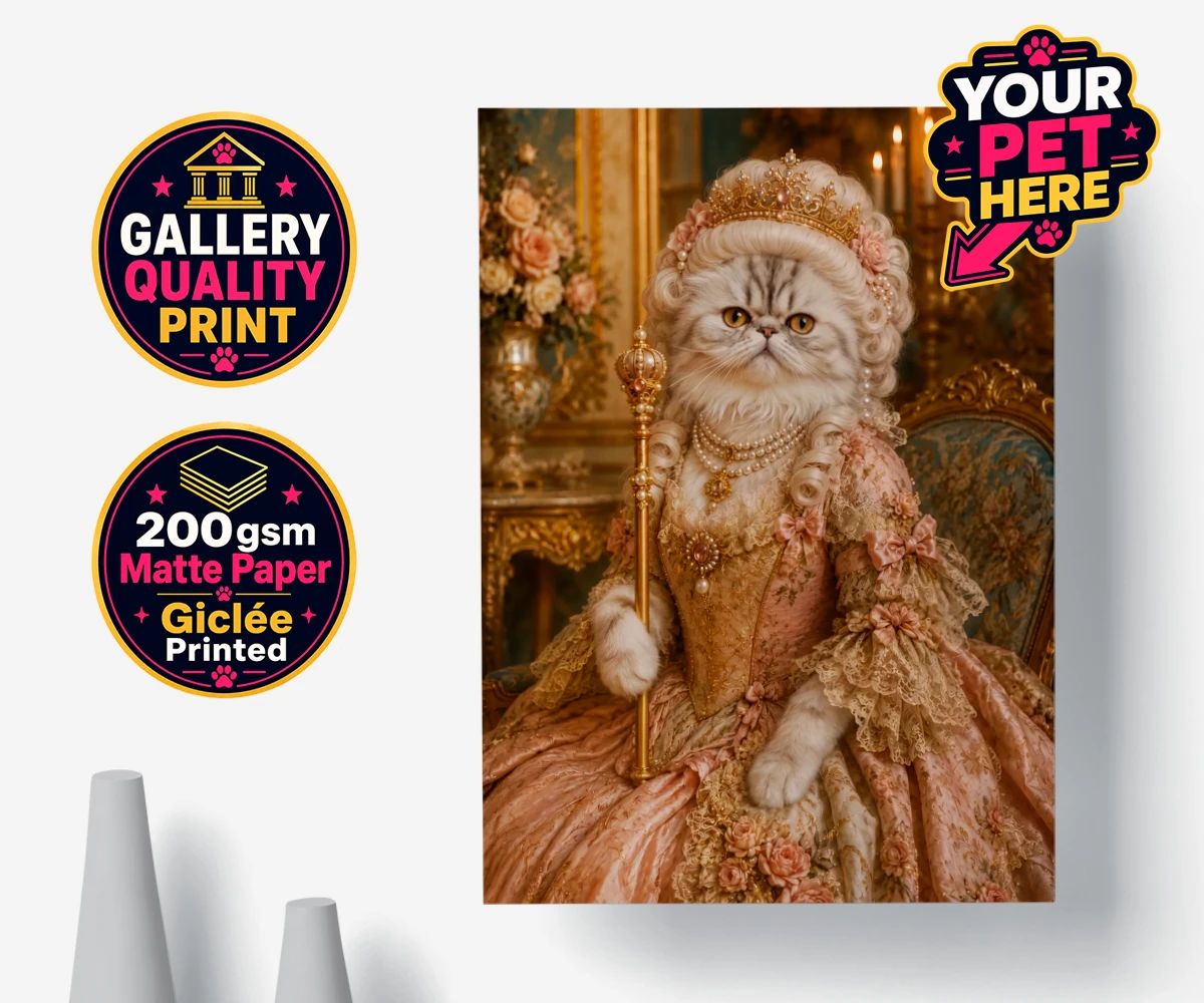 Personalised poster print of The Rococo Paw Queen cat with a royal crown and floral gown.