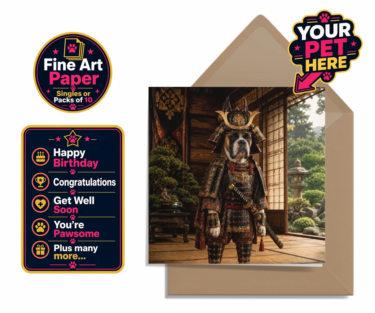 Personalised Samurai Paw dog premium greetings cards featuring a stunning pet portrait that captures the noble spirit of your beloved
