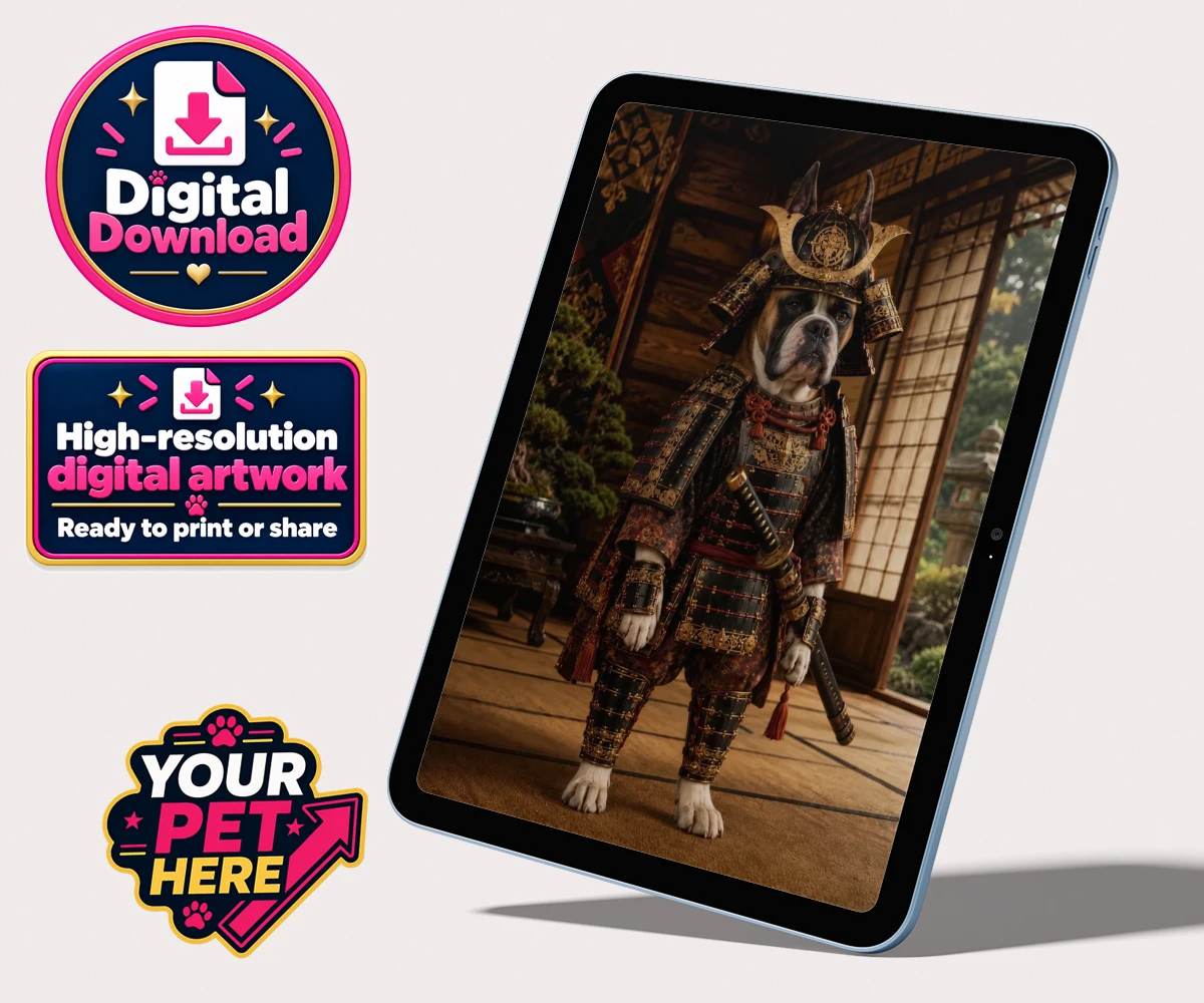 Personalised Samurai Paw dog personalised digital downloads featuring a stunning pet portrait that captures the noble spirit of your beloved
