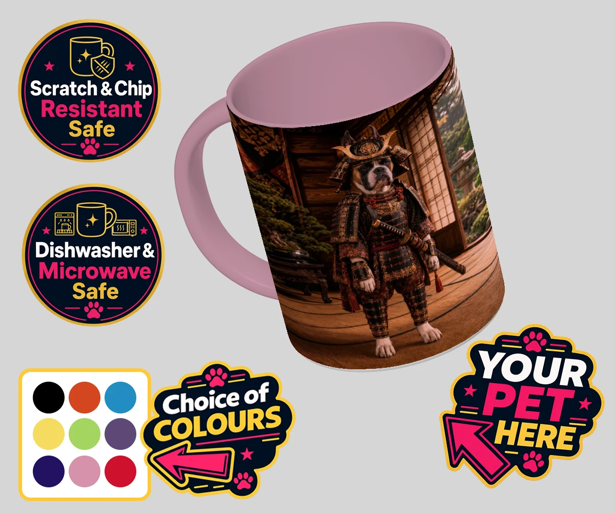 Personalised Samurai Paw dog coloured photo mugs featuring a stunning pet portrait that captures the noble spirit of your beloved