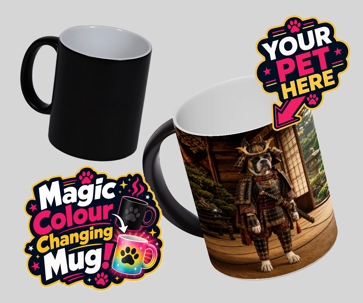 Personalised Samurai Paw dog magic photo mugs featuring a stunning pet portrait that captures the noble spirit of your beloved