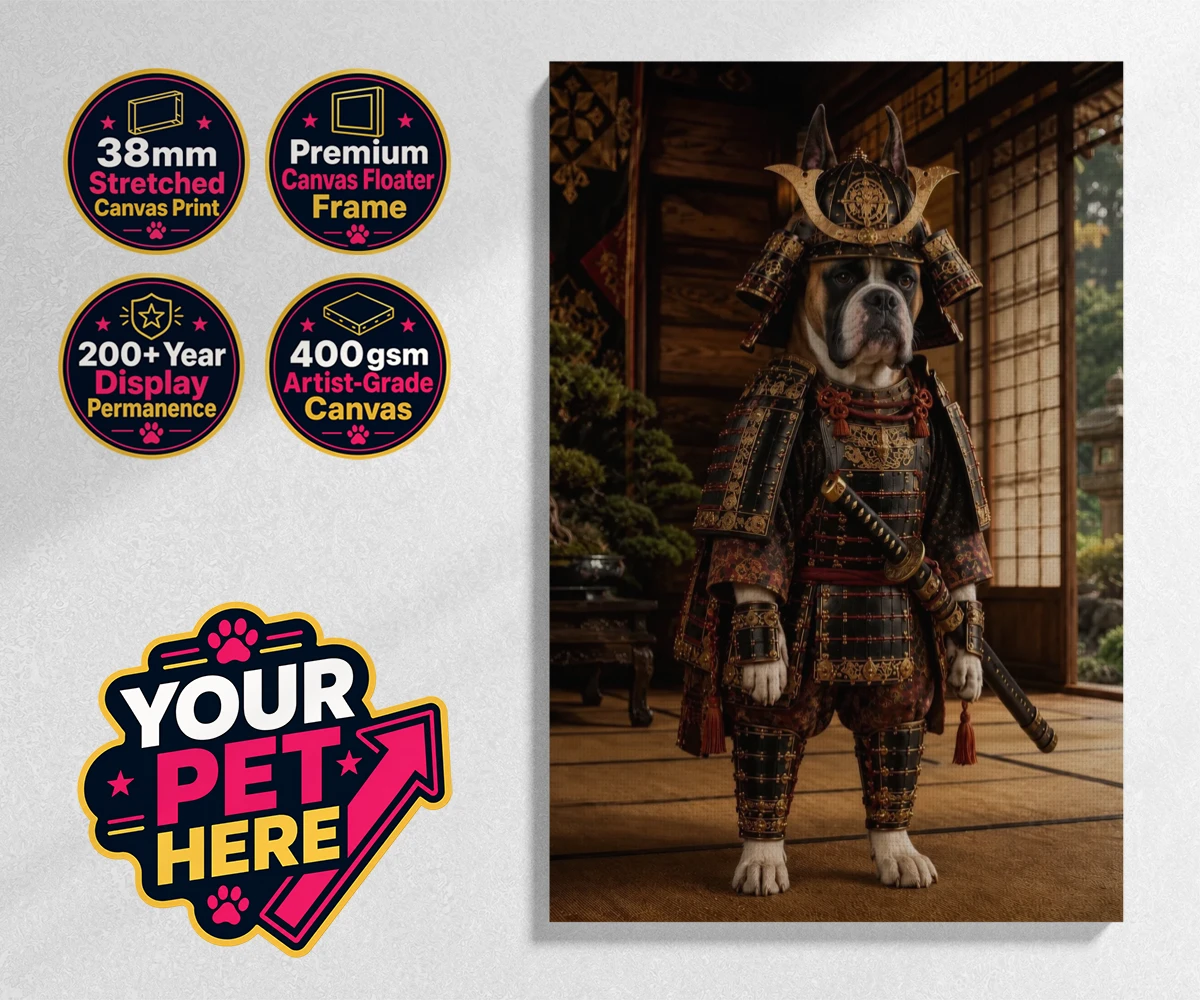 Personalised Samurai Paw dog stretched canvas print featuring a stunning pet portrait that captures the noble spirit of your beloved