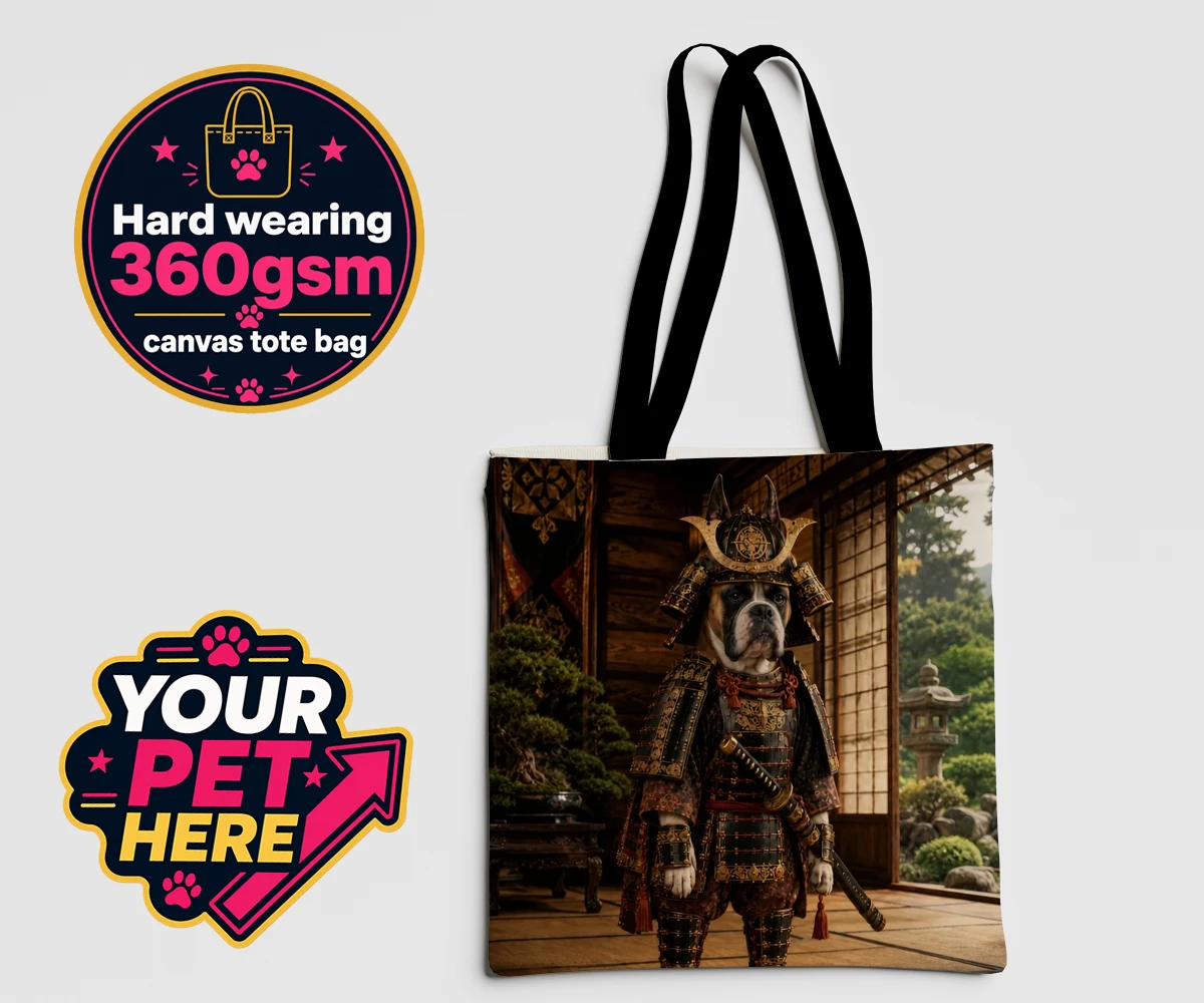 Personalised Samurai Paw dog canvas tote bags featuring a stunning pet portrait that captures the noble spirit of your beloved
