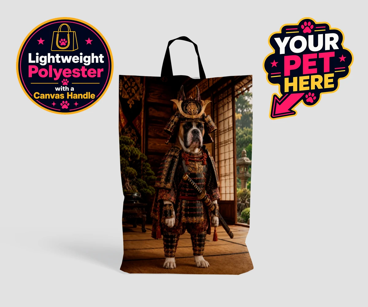 Personalised Samurai Paw dog shopping bags featuring a stunning pet portrait that captures the noble spirit of your beloved