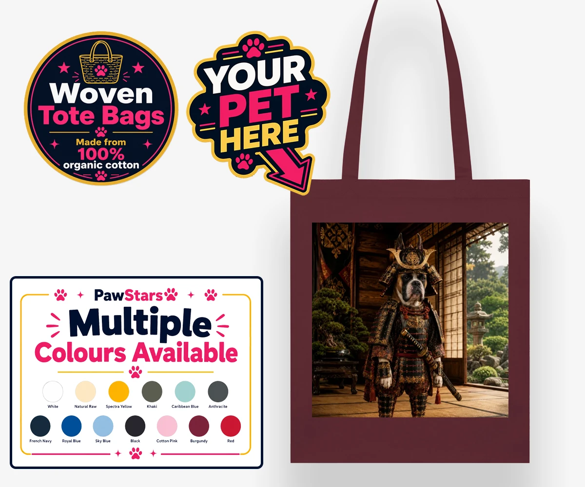 Personalised Samurai Paw dog woven tote bags featuring a stunning pet portrait that captures the noble spirit of your beloved
