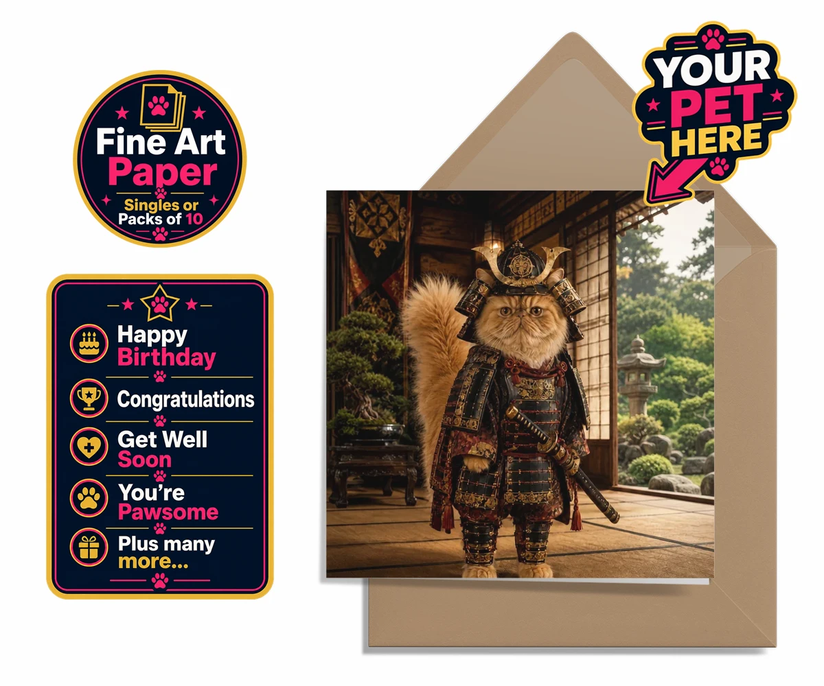 Personalised Samurai Paw cat premium greetings cards featuring a majestic feline warrior poised to steal your heart!