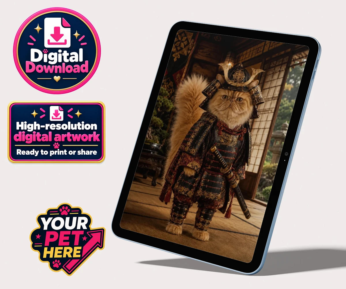 Personalised Samurai Paw cat personalised digital downloads featuring a majestic feline warrior poised to steal your heart!