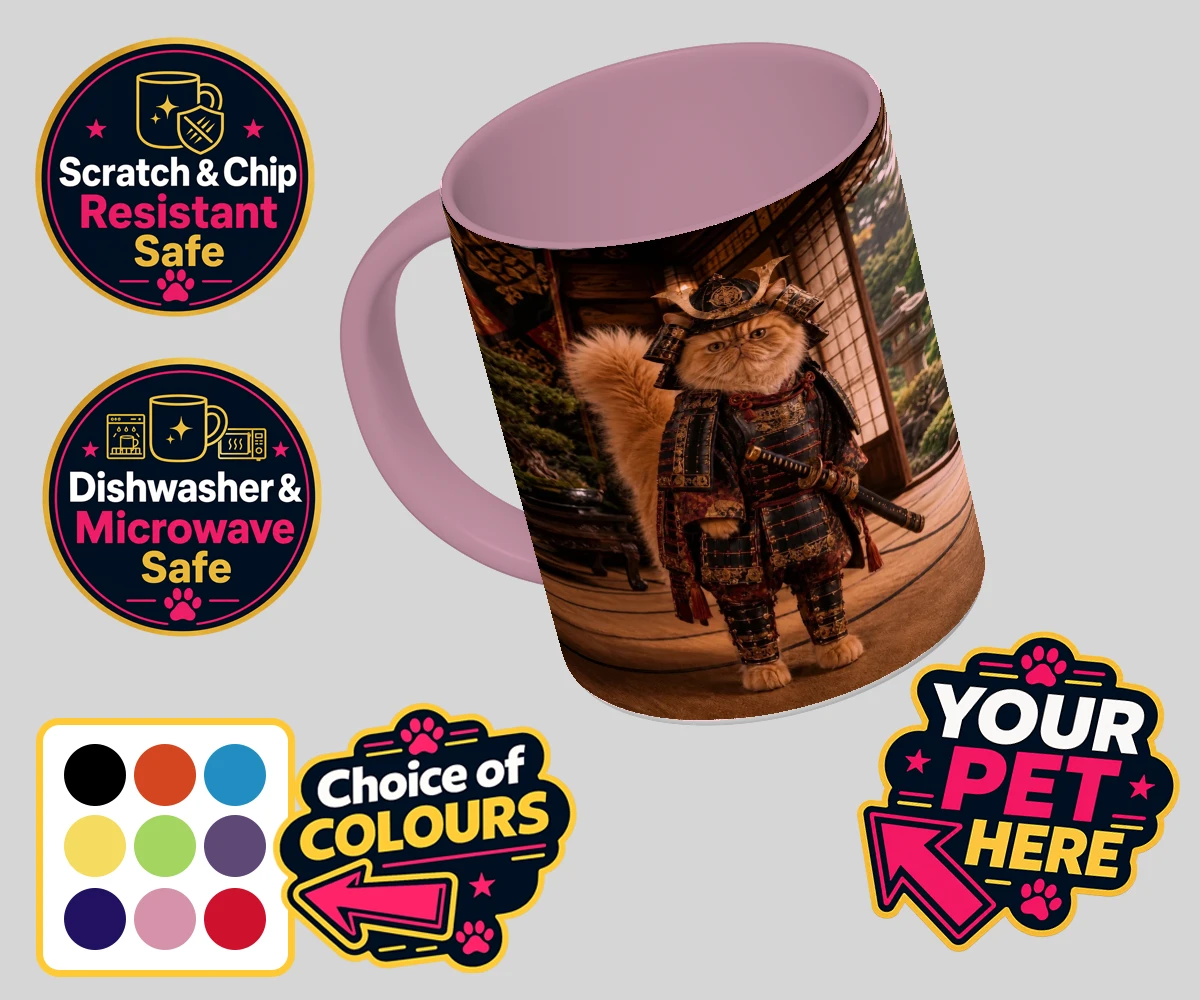 Personalised Samurai Paw cat coloured photo mugs featuring a majestic feline warrior poised to steal your heart!