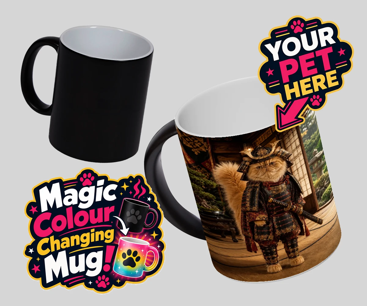 Personalised Samurai Paw cat magic photo mugs featuring a majestic feline warrior poised to steal your heart!