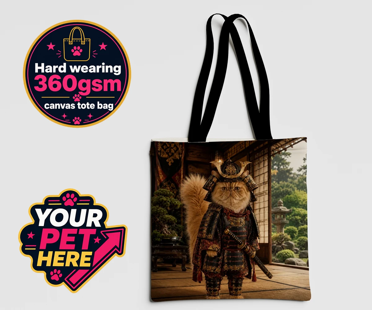 Personalised Samurai Paw cat canvas tote bags featuring a majestic feline warrior poised to steal your heart!