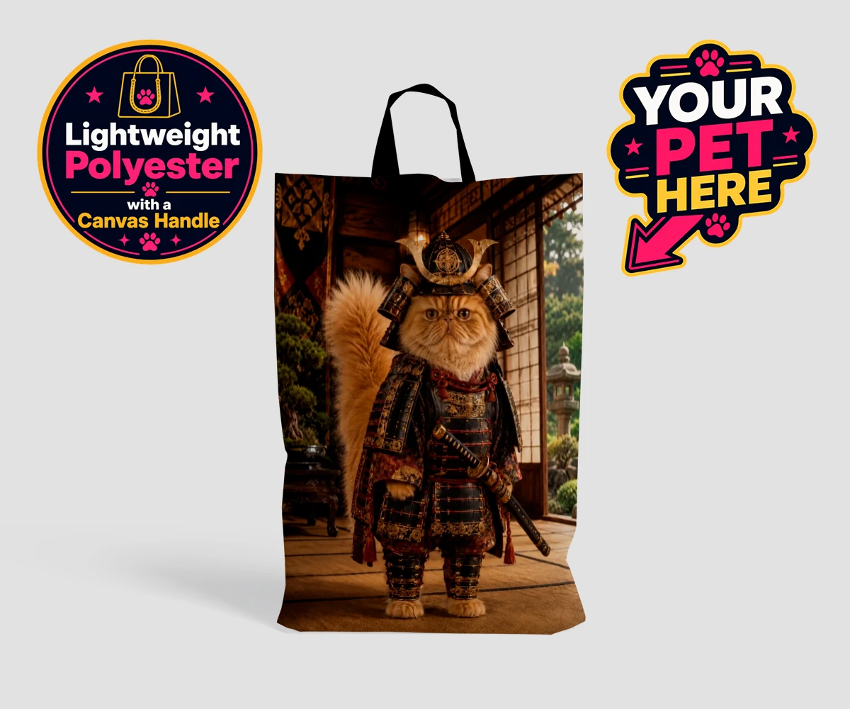 Personalised Samurai Paw cat shopping bags featuring a majestic feline warrior poised to steal your heart!