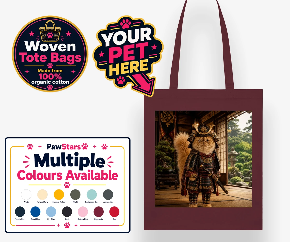 Personalised Samurai Paw cat woven tote bags featuring a majestic feline warrior poised to steal your heart!