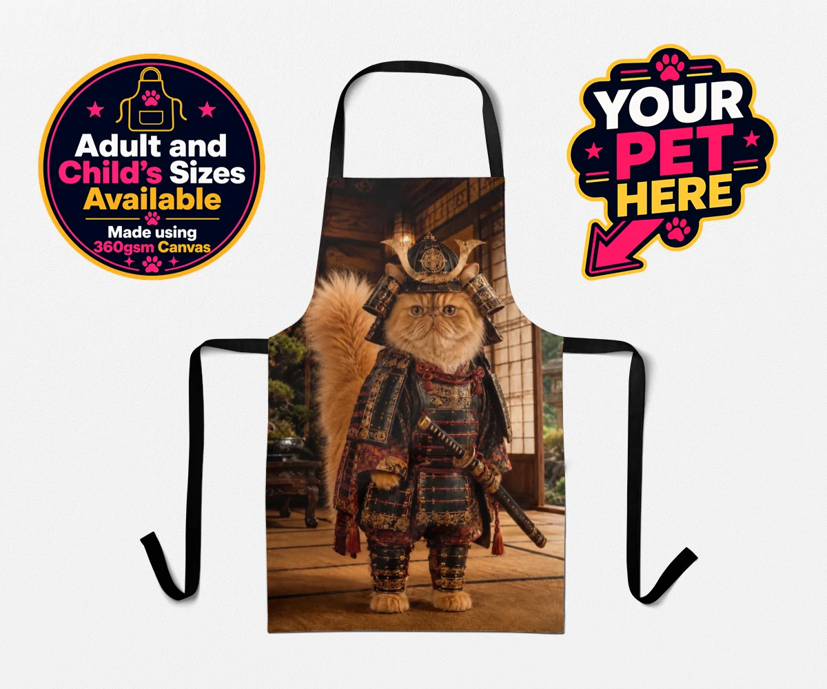 Personalised Samurai Paw cat aprons featuring a majestic feline warrior poised to steal your heart!