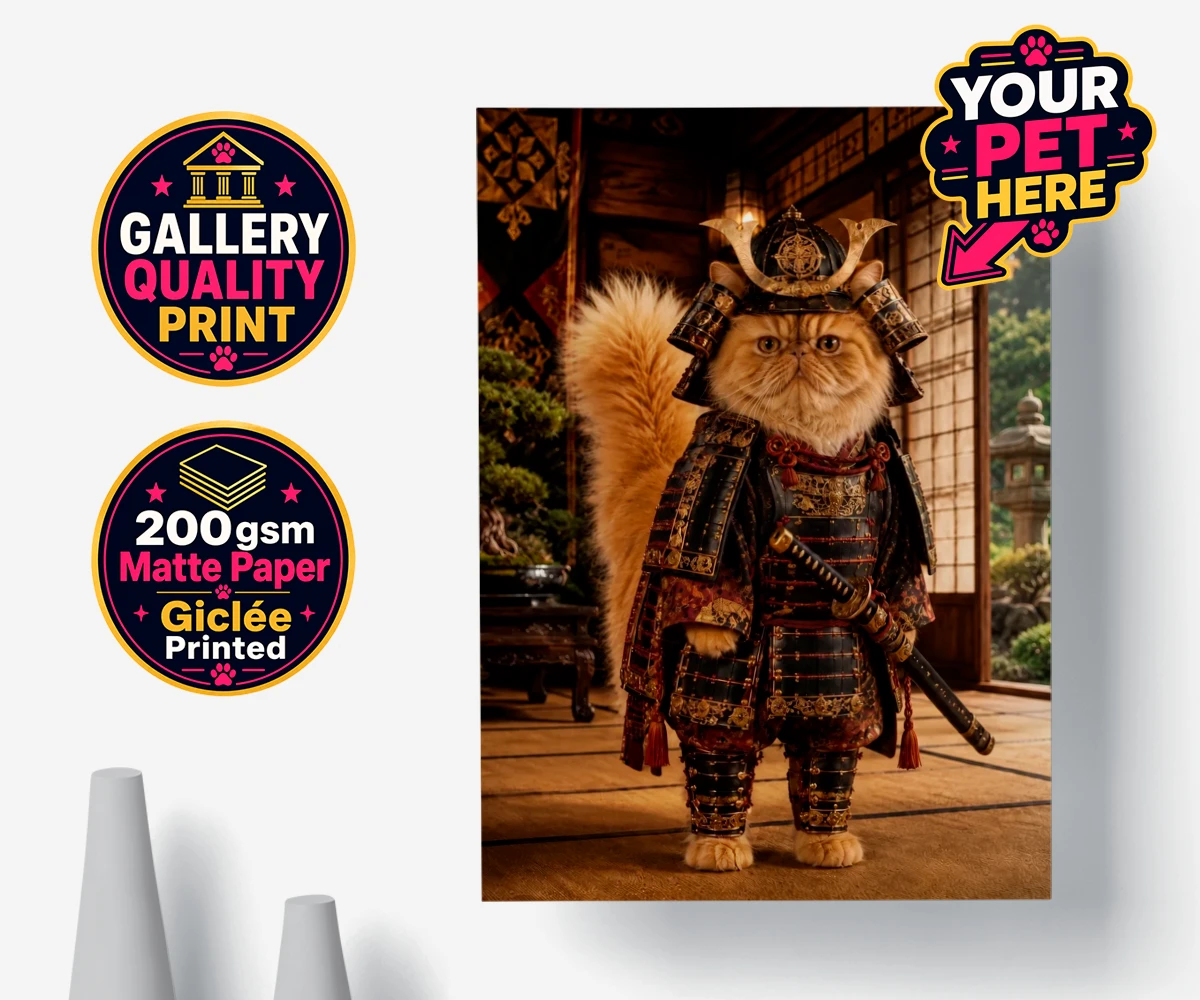 Personalised poster print of Samurai Paw, a cat dressed in a samurai costume, set in a Japanese garden