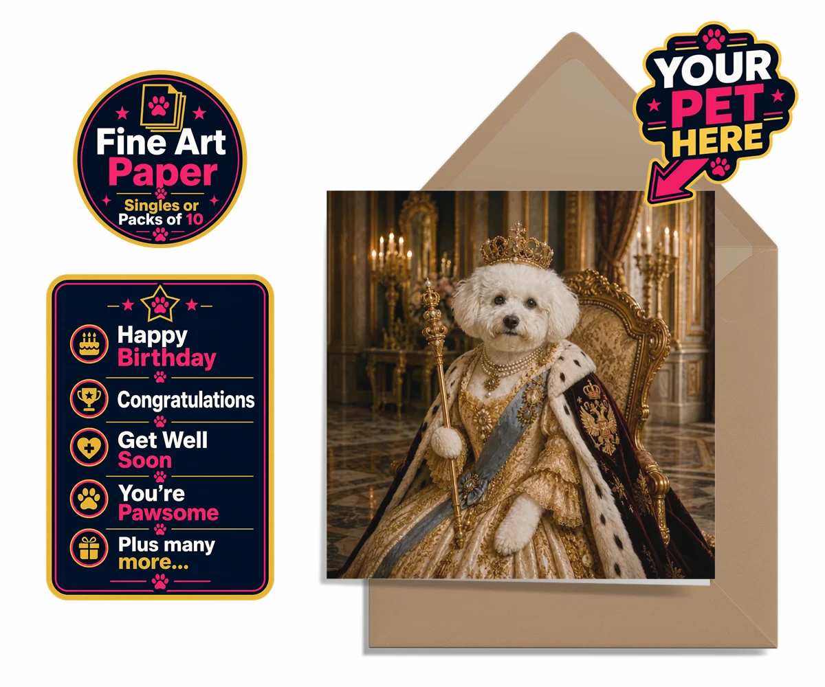 Personalised The Imperial Paw Queen dog premium greetings cards featuring a delightful tribute to your furry royalty