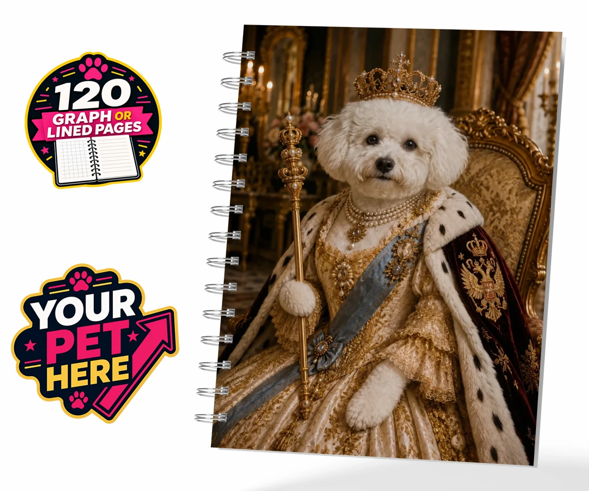 Personalised The Imperial Paw Queen dog spiral notebook featuring a delightful tribute to your furry royalty